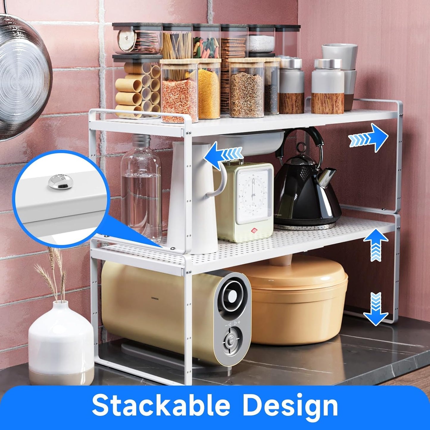 Expandable Kitchen Shelf Organizers, Kitchen Cabinet Organizer Stand Rack Organization for Countertop Cupborad Pantry, White 1 Pack