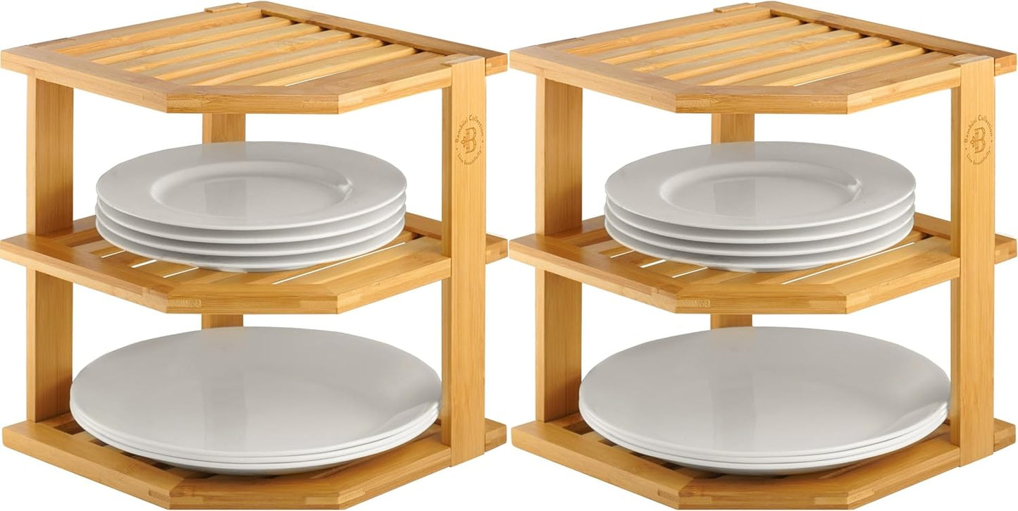 2-Pack Plate Organizer for Cabinet - Bamboo Corner Shelf for Kitchen or Bathroom Storage, Space-Saving Rack for Dishes, Countertop, Cabinet, Pantry - Organization & Housewarming Gift