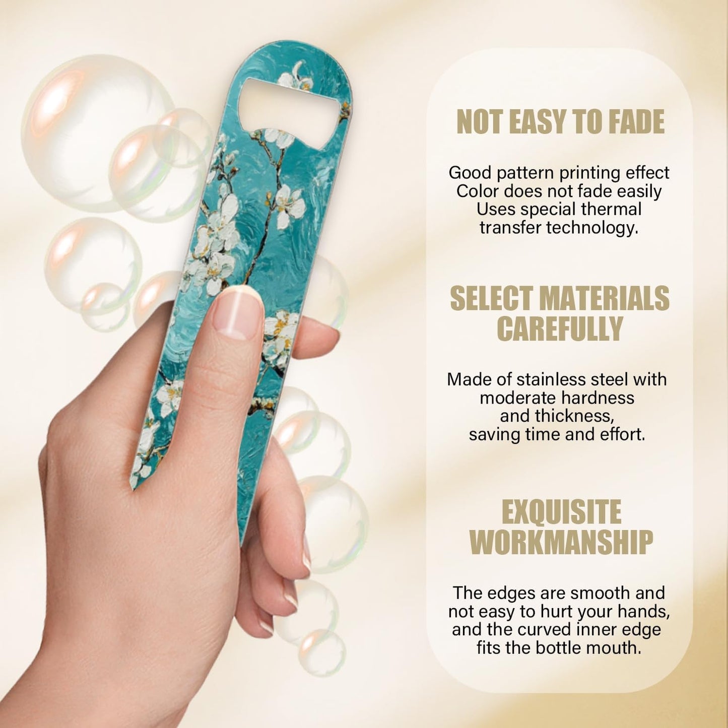 2 PACK Beer Bottle Opener, Stainless Steel Flat Bottle Openers,7 inch Metal Decor,Blue And White Almond Flowers