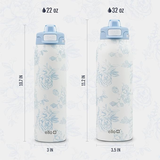 Ello Pop & Fill Stainless Steel Water Bottle with Quick Fill Technology, Double Walled Vacuum Insulated Metal, Leak Proof Locking Lid, Sip & Chug, BPA Free, Holiday Gift for Him Her, 22oz, 32oz, 40oz