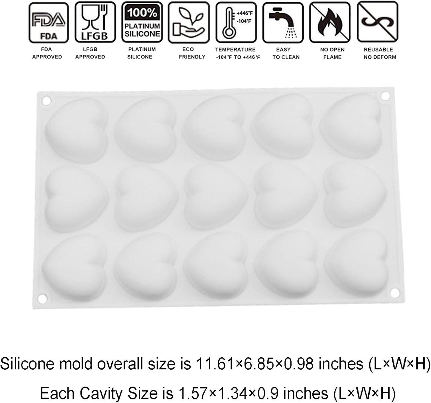 OCPO KITCHEN Mini Heart Silicone Molds for Baking Mousse Cake, Candy, Chocolate, Pastry, Truffle, Cupcake, Jelly, Cookie, Pudding, Cake Decoration Mold, 3D Heart Shape (15-Cavity)