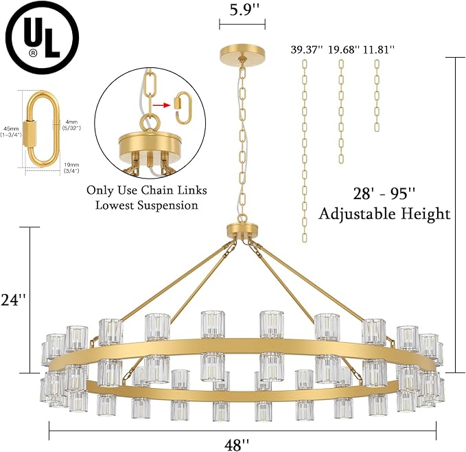 48 Inch Gold Wagon Wheel Chandelier with Crystal Shade, 48 Lights, Modern Farmhouse Style, Ideal for Dining Room, Kitchen, Entryways