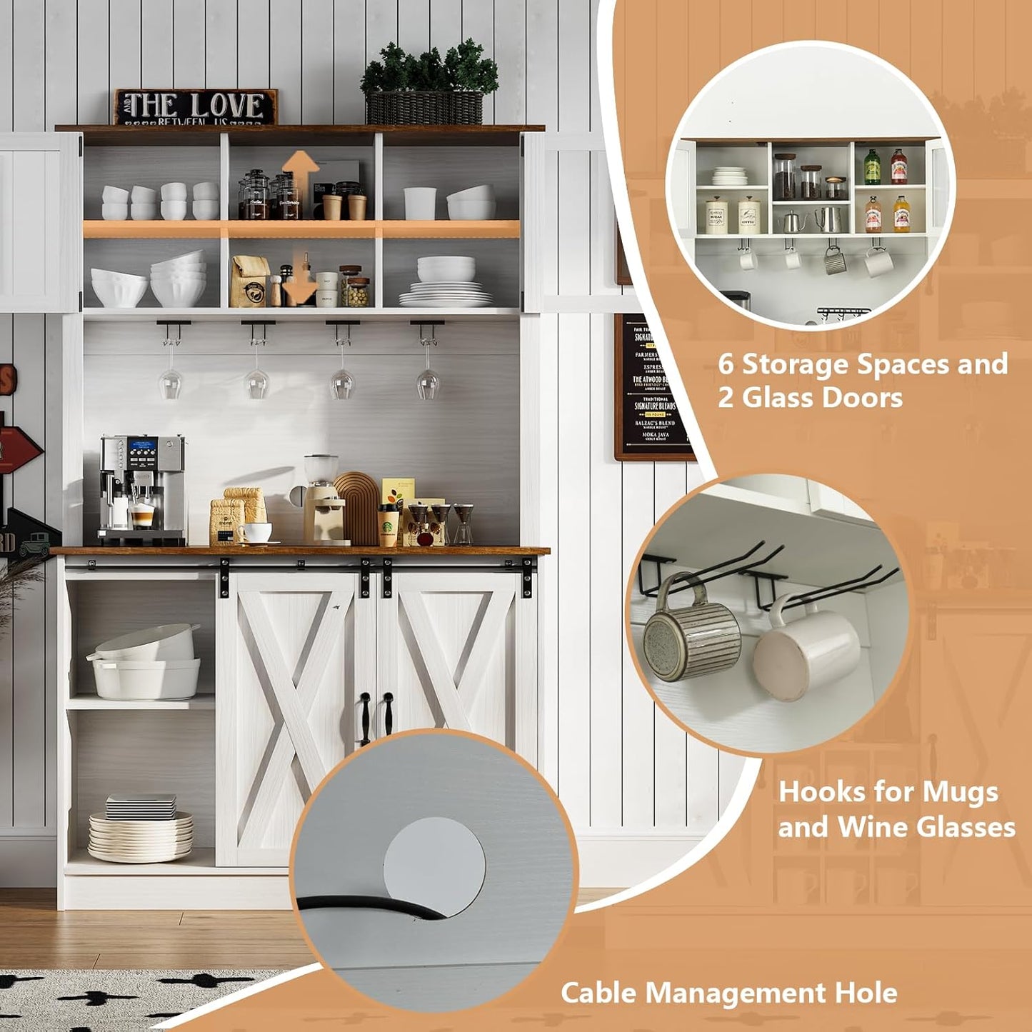 4ever2buy Farmhouse Coffee Bar Cabinet with Sliding Barn Doors, 72'' Hutch Cabinet with Storage, White Bar Cabinet with Glass Doors and Wine Rack, Tall Wine Bar for Living Dining Room