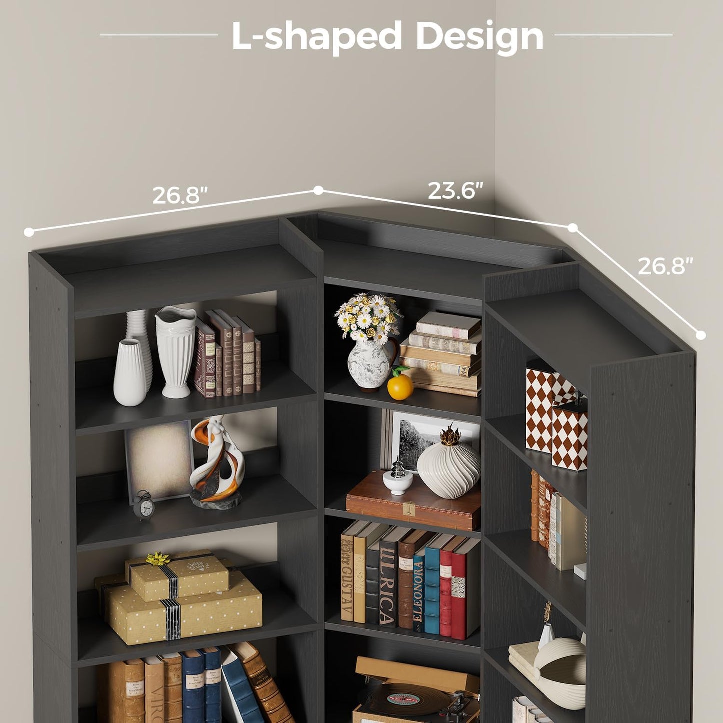 IRONCK Corner Bookshelf, 7-Tier Bookshelf with Storage, Corner Bookcases with Baffles Etagere Shelf for Living Room Home Office Bedroom, Black