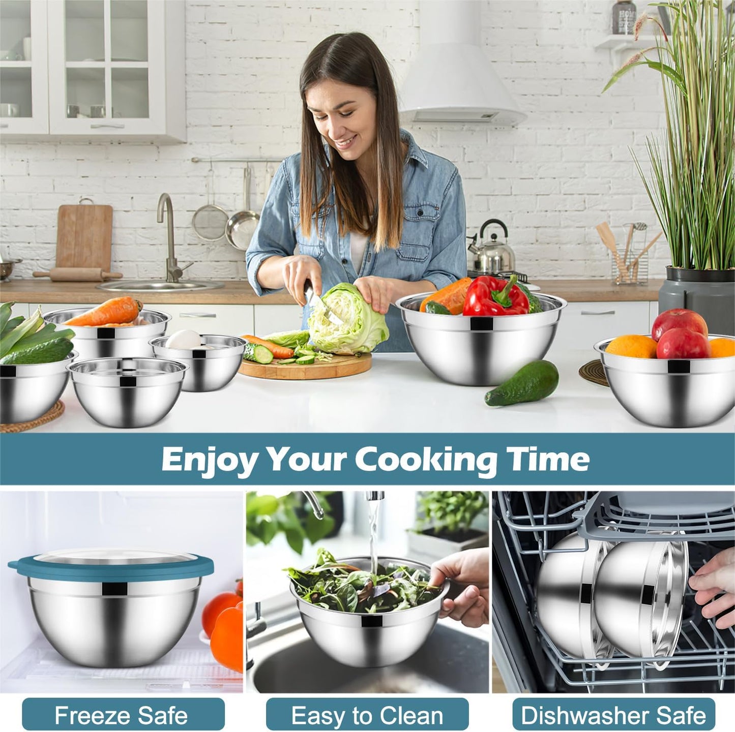 E-far Mixing Bowls Set of 7, Stainless Steel Mixing Bowls with Airtight Clear Lids, Metal Nesting Bowls for Kitchen Prep, Baking, Serving, Dishwasher Safe, Size 4.6, 3.5, 3, 2, 1.5, 1, 0.7QT, Blue