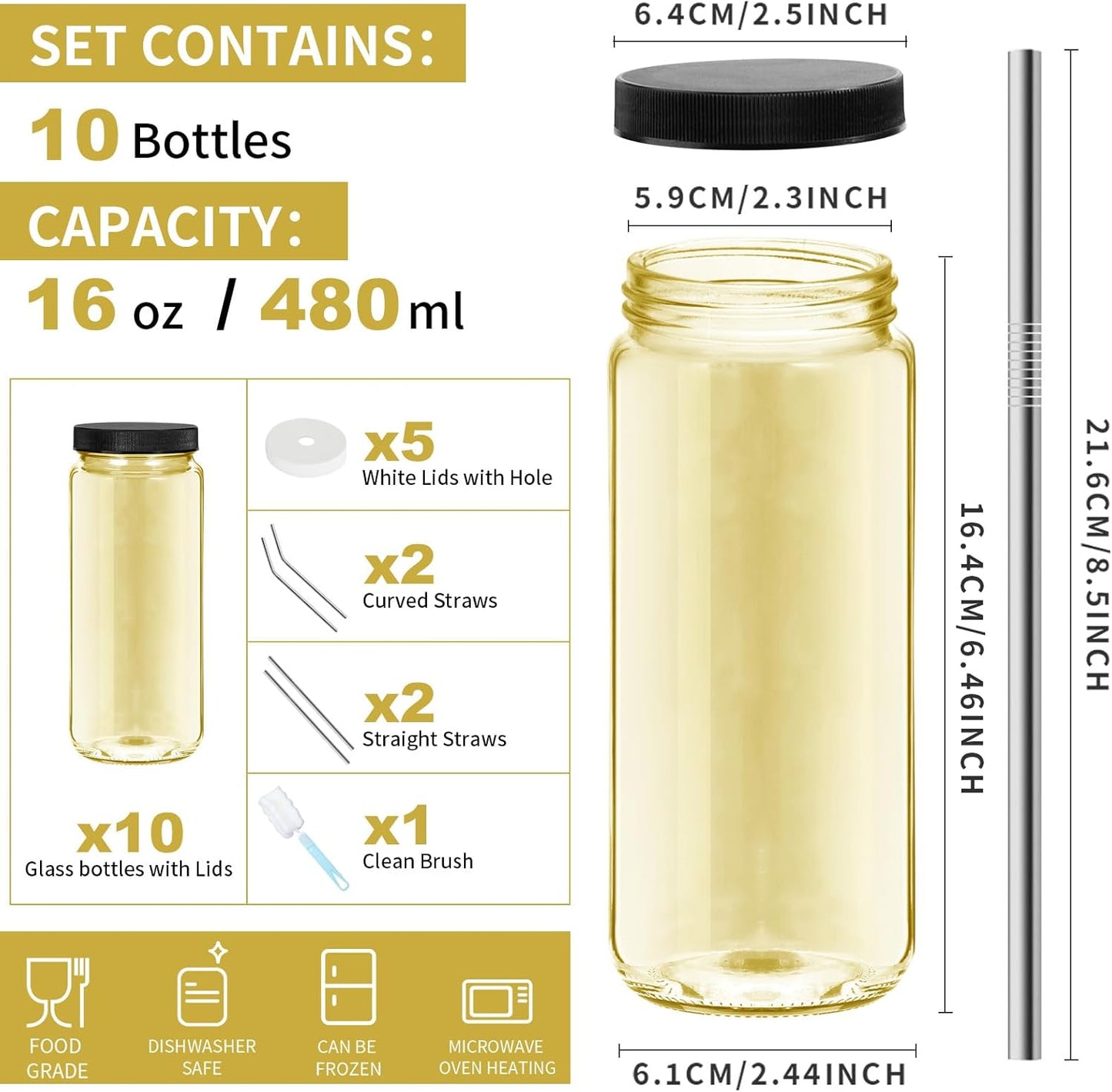 Ruckae Gold 16oz 10 Pack Juice Bottles, Glass Bottles Juicing with Lids, Smoothie Cup Lids and Straws, Water Bottle Mason Jar Drinking Glasses for Juicing, Smoothies, Kombucha