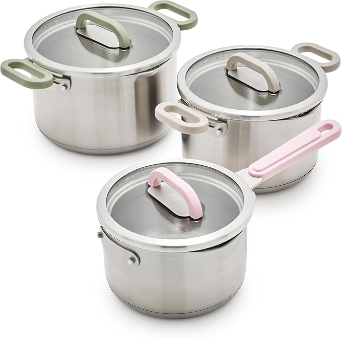 GreenLife 6 Piece Stainless Steel Cookware Set, Induction Kitchen Cooking Pots & Pans, Locking Lids, Built in Strainer, Drip-Free Pour Spouts, Silicone Handles, Saucepan, Stock Pot, Dishwasher Safe