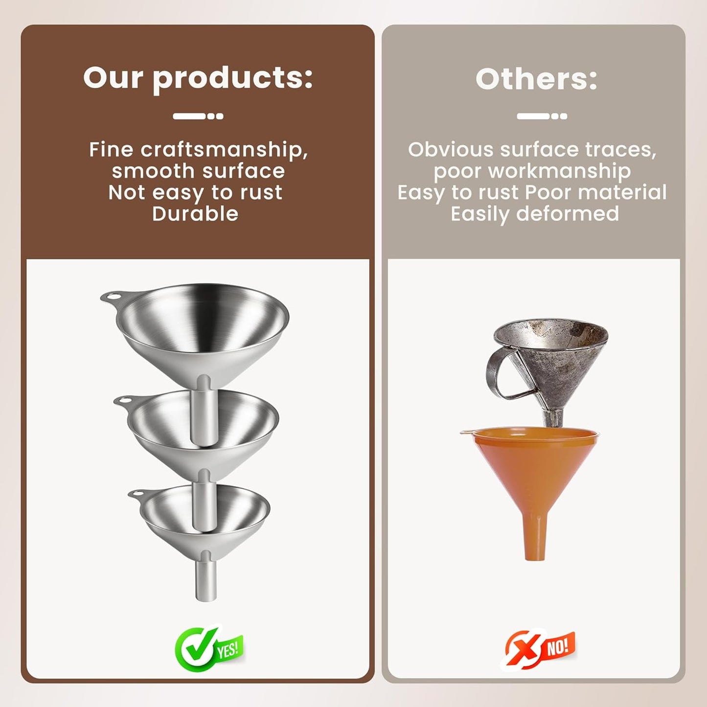 Supercenter Kitchen Funnel, Stainless Steel Mini Funnel, Set of 3, Perfect for Transferring Liquids, Oils, Powders, Spices, with Round Ring and Cleaning Brush