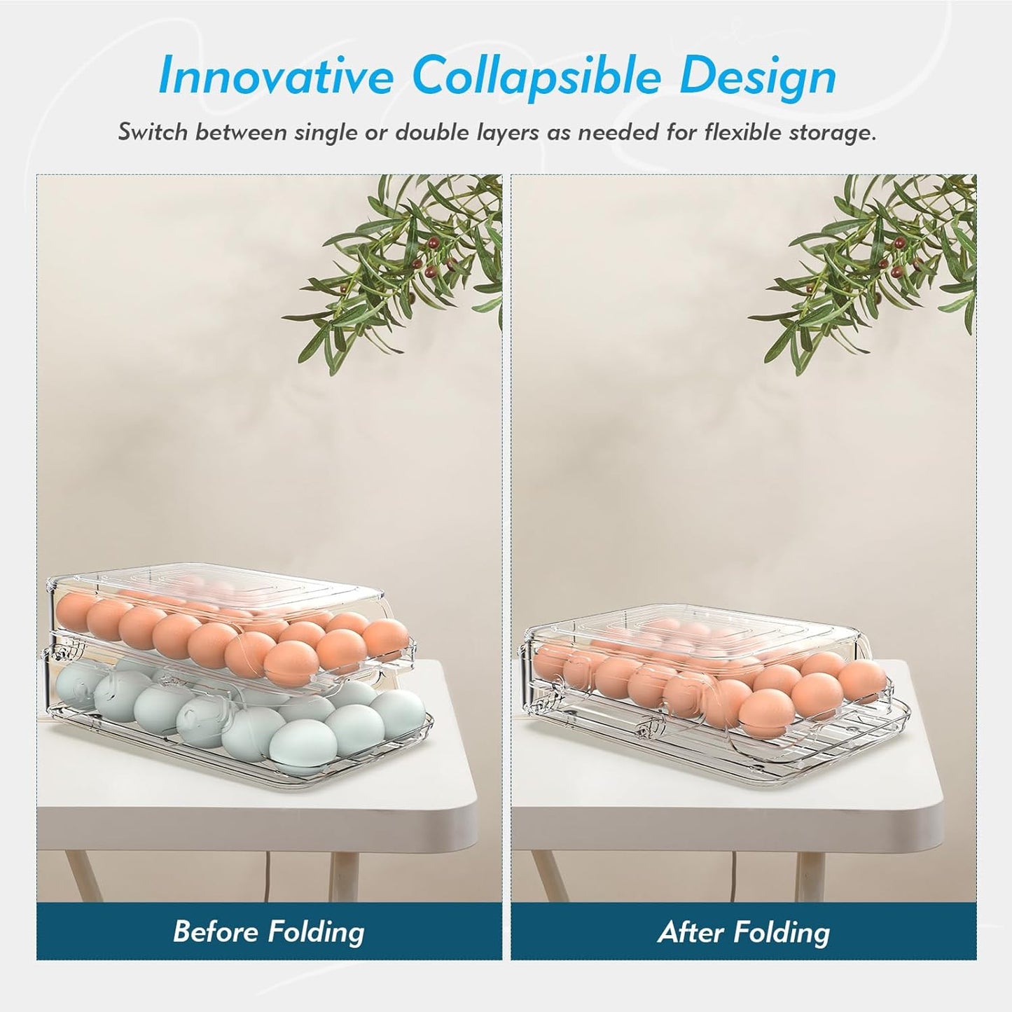 Egg Holder for Fridge, Automatic Steady Rolling Egg Dispenser with Silicone Bumpers, Egg Container With Lid, Large Capacity Clear Egg Holder for Kitchen or Pantry Organizers&Storage