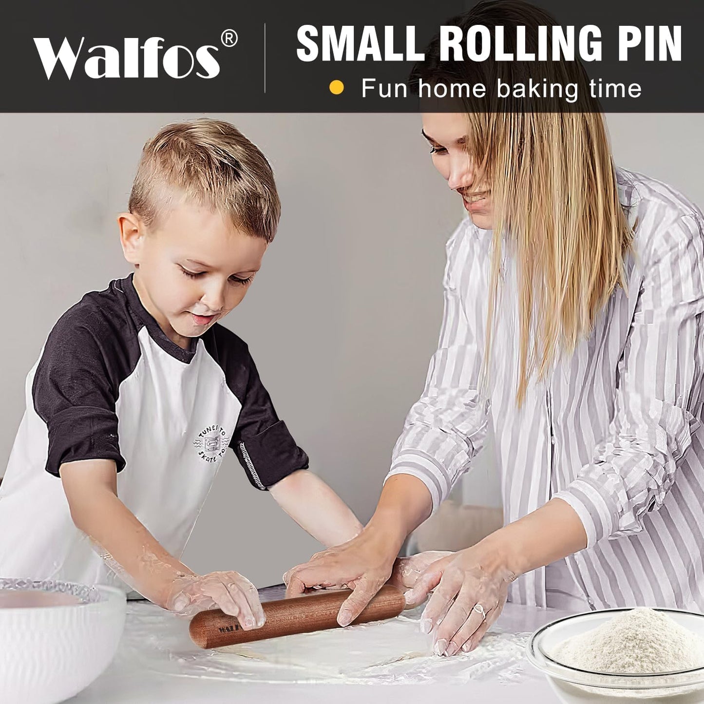 Walfos Mini Rolling Pin - Small Natural Wooden Rolling Pins, Baking Dough Roller for Pizza, Pie, Pasta, Bread, Pastry, No Coating (8inch)