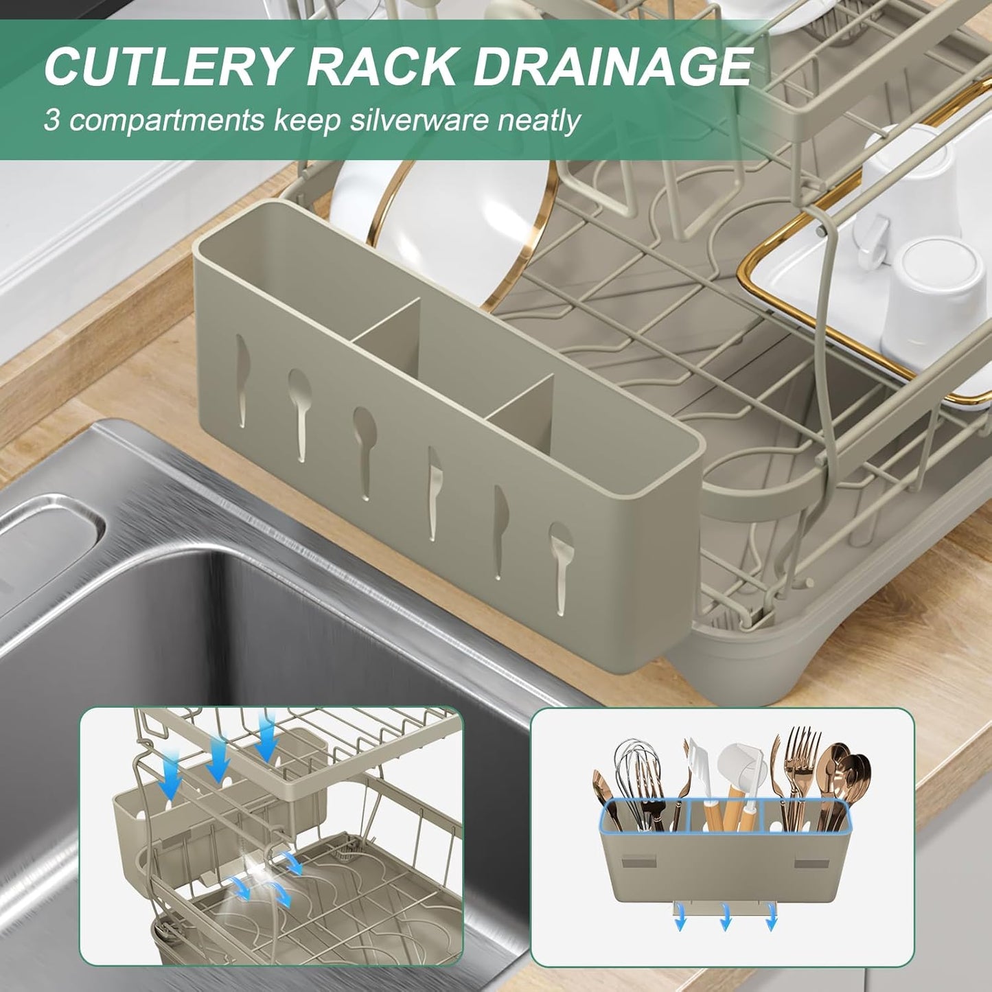 Dish Drying Rack, 2-Tier Dish Drying Rack with Utensil Holder – Large Capacity Auto-Draining Dish Drainer with Drainboard for Kitchen Counter, Grey