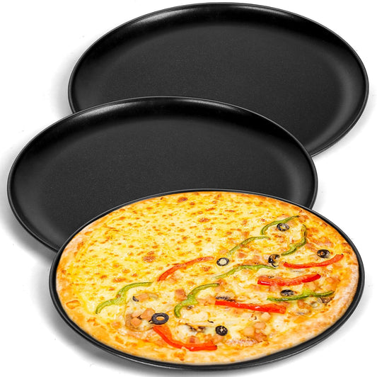 P&P CHEF 12 Inch Pizza Pan, 3 Pieces Stainless Steel Round Pizza Tray Dish Plate For Oven Baking Roasting, Healthy & Heavy Duty, Rust Free & Dishwasher Safe -Black