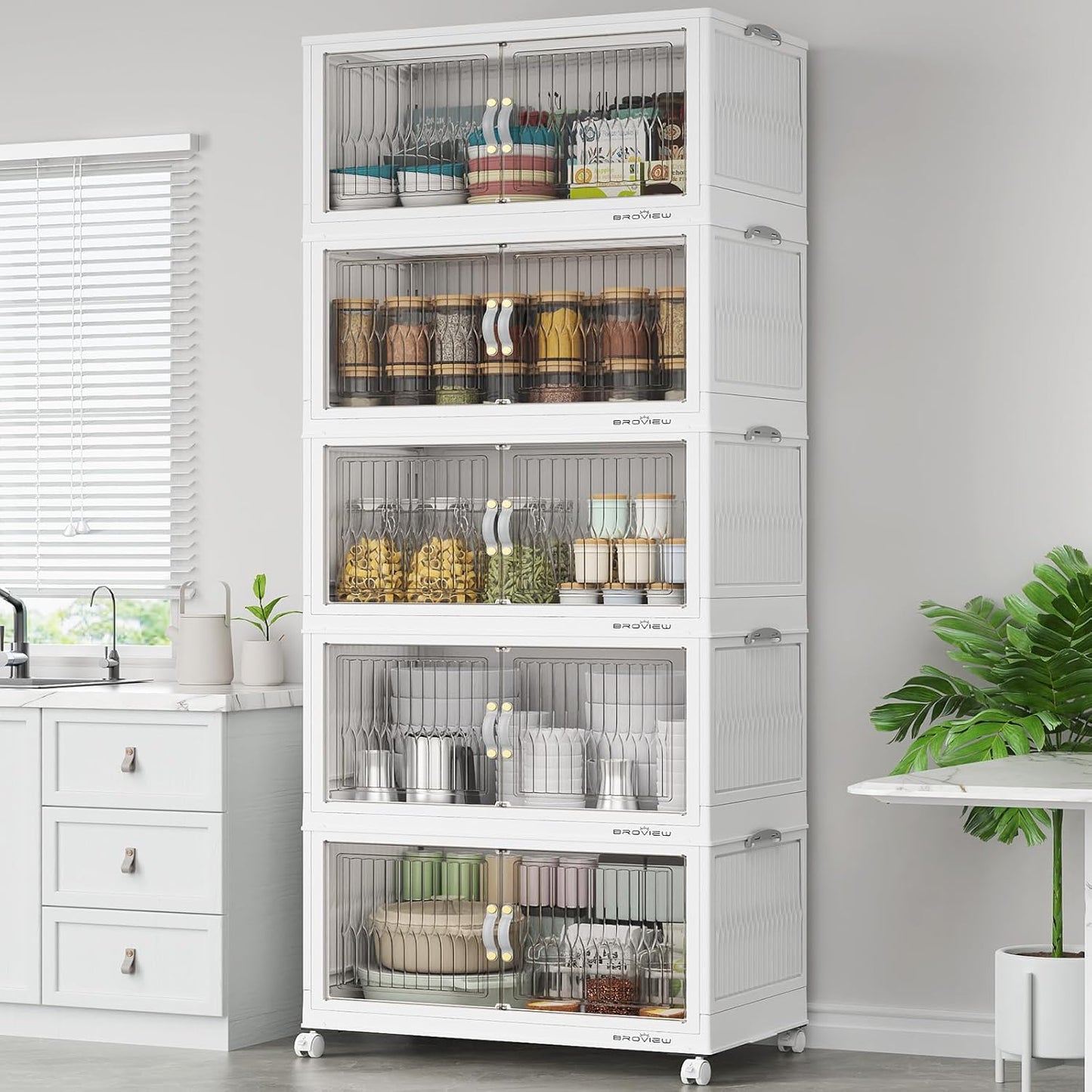 500Qt Stackable Storage Bins with Lid, Extra Large Closet Organizer Collapsible Drawer Boxes with Wheels, Folding Plastic Cabinet Containers for Home Kitchen Room Organization, 5Pack White