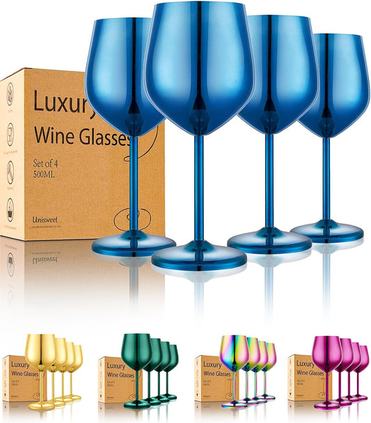 Stainless Steel Wine Glasses Set of 4 Unbreakable Blue Wine Glass 18 oz Unique Metal Wine Goblets for Outdoor, Travel, Camping, Pool, Ideal Gift for Wine Lovers