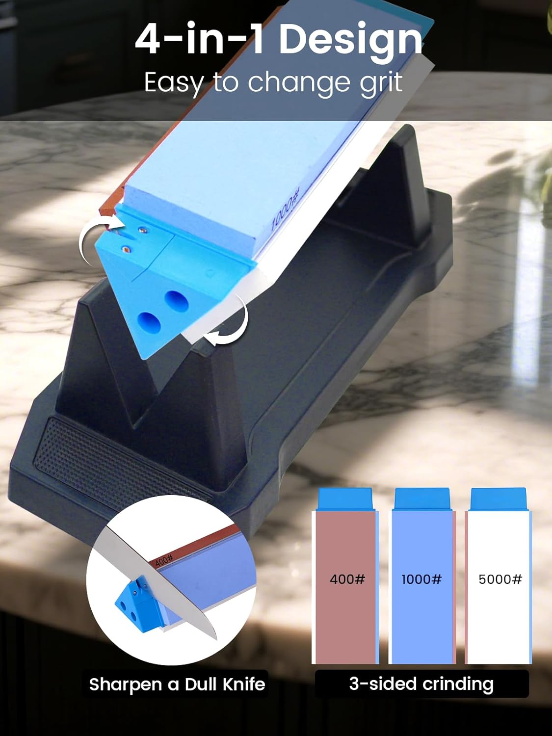 Whetstone Sharpening Stone Kit, Premium 3 Side Grit 400/1000/5000 Knife Sharpener for Sharp Blade, with Non-Slip Base, Angle Guide & Leather Strop