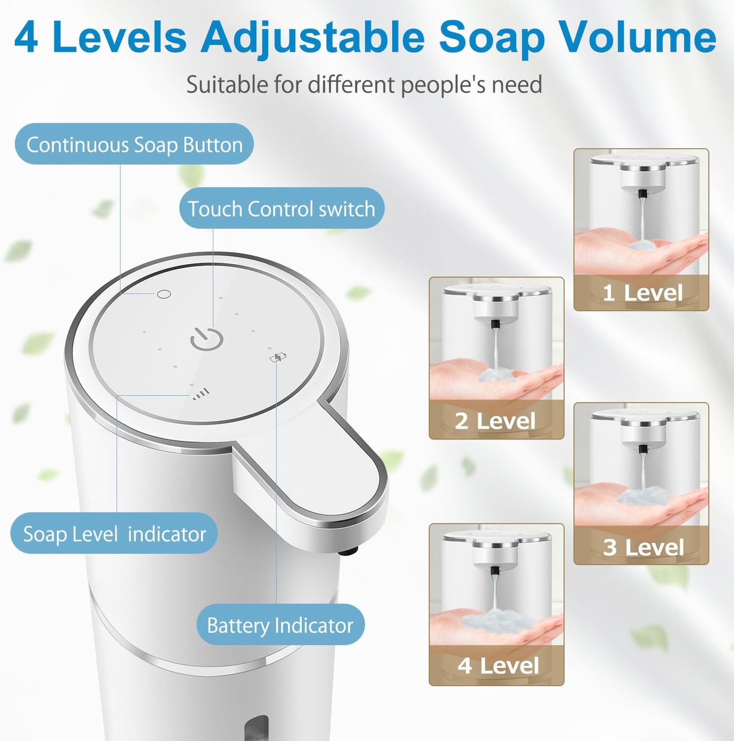 Automatic Liquid Soap Dispenser,4-Level Adjustable, Wall Mount,USB Rechargeable,12.8oz/ 380ml,Touchless Hand & Dish Soap Dispenser for Bathroom, Kitchen,Hotel, Restaurant
