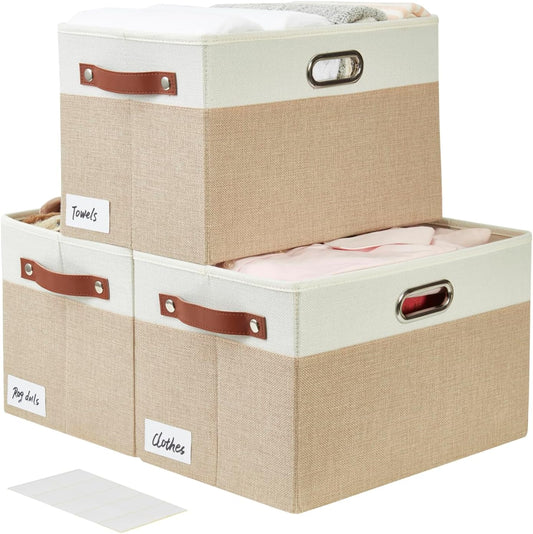 Large Collapsible Fabric Storage Bins with 3 Handles, Foldable Organizer Baskets for Closet, Shelves, Living Room | 3 Pack, Durable PU & Metal Handles (14.9"x9.8"x9.8", Beige & White)
