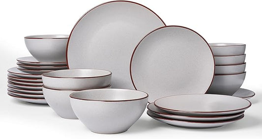 Famiware Venus Ceramic Plates and Bowls Sets, Speckled Dinnerware Dish Sets for 8 (24 Pieces) - Microwave and Dishwasher Safe, Matte Light Grey