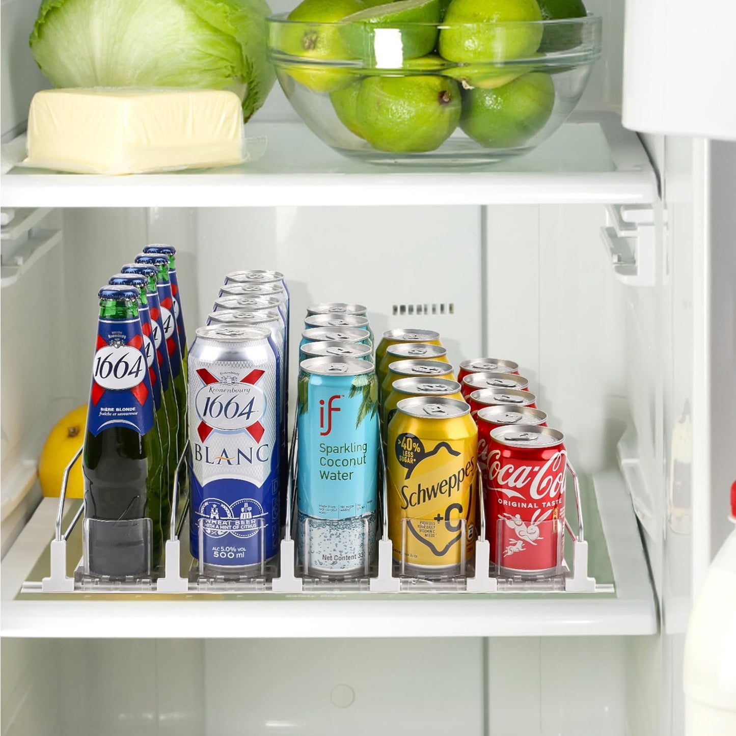 Drink Dispenser for Fridge, Soda Can Organizer for Refrigerator, Adjustable Width Beverage Self-Pushing Glide Rack, Up to 25 Cans Storage for Fridge Pantry (White, 15 Inch, 5 Rows)