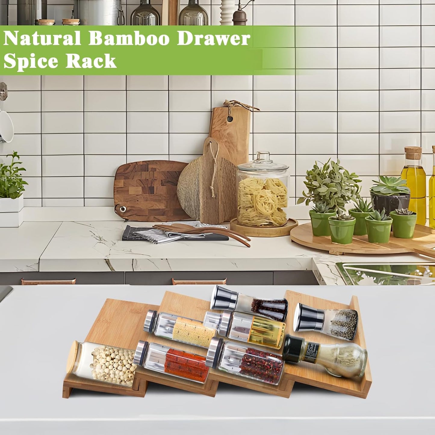 Bamboo Spice Drawer Organizer for Insert Shallow Drawer, 8 Tier Stackable Spice Rack Organizer for Cabinet(4.8" D x 13" W x 1.65" H) Seasoning Storage Organization for Kitchen Pantry Drawer