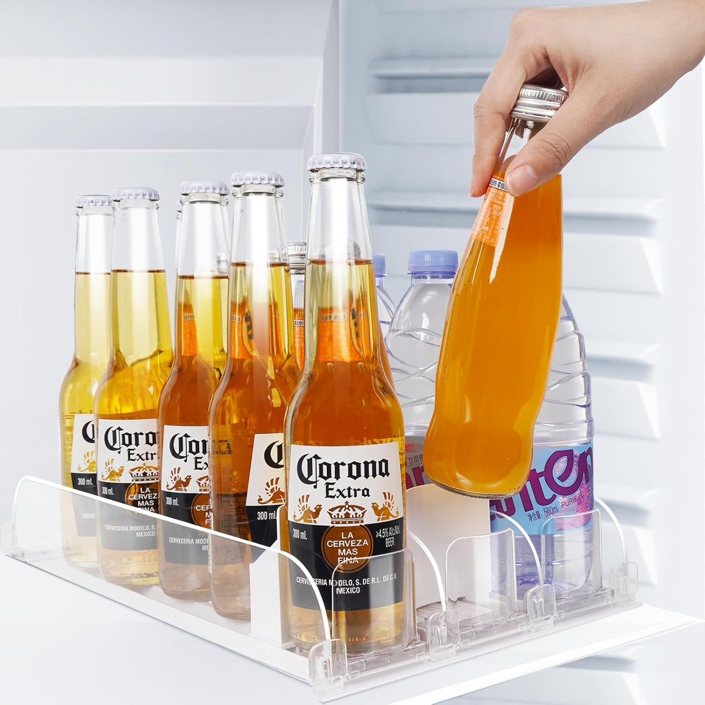 SOLY Drink Organizer for Fridge,Fridge Drink Dispenser for Fridge Automatic Pusher Glide,For Refrigerator Organizing Holds up to 14.96" D, Adjustable for 6-20oz