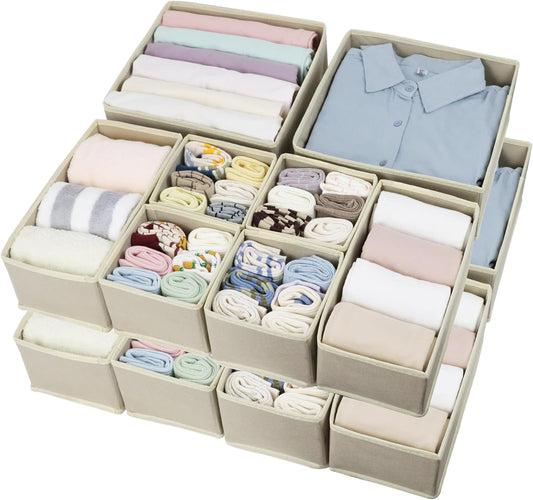 16 Pcs Drawer Organizer,Fabric Closet Organizer and Storage Baskets,Foldable Drawer Divider for Clothing,Sock,Ties,Underwear Storage,Cabinet Storage Boxes (Beige)