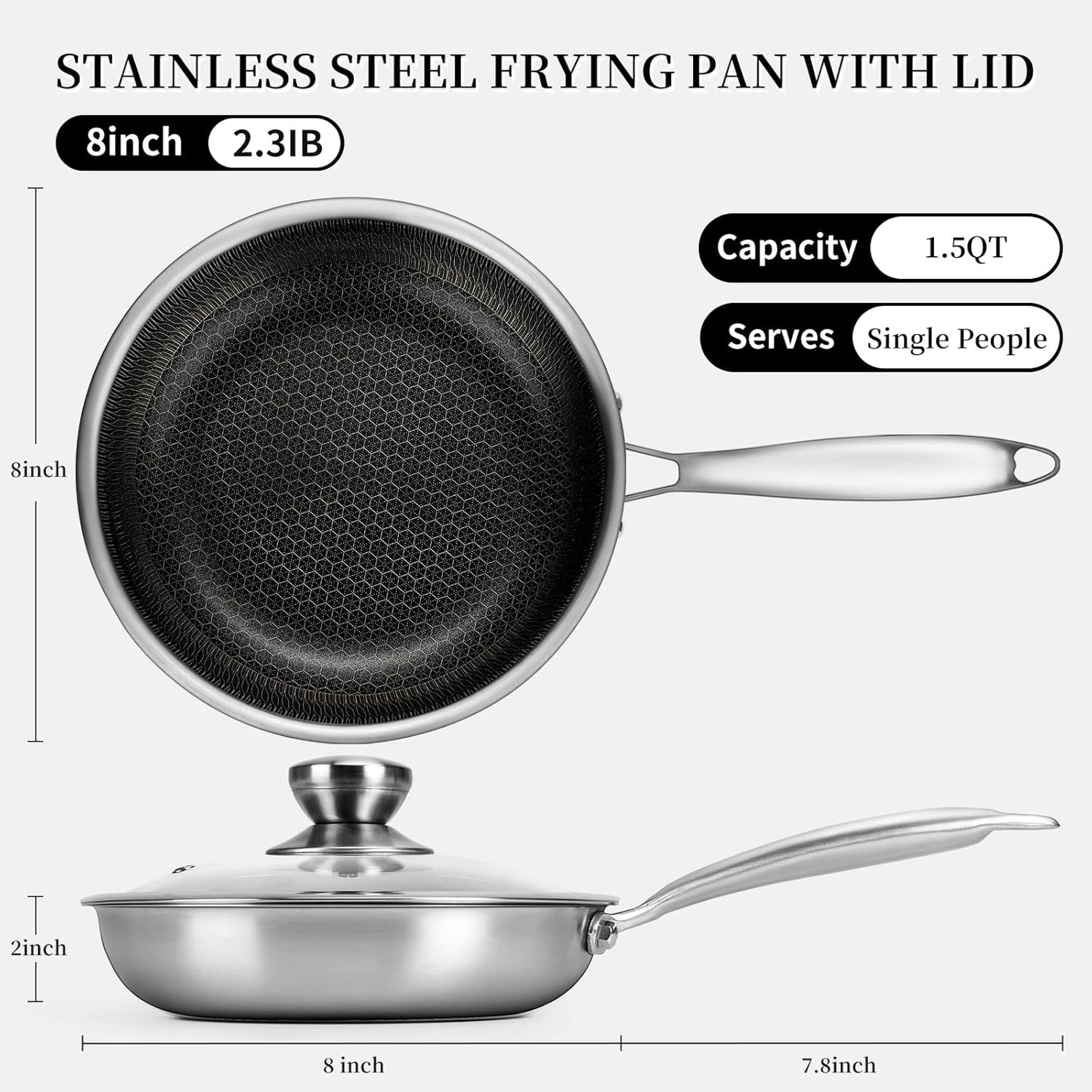 Stainless Steel Frying Pan with Lid, 8 Inch Honeycomb Non Stick Frying Pan, Small Stainless Steel Nonstick Pans W/Lid, Safe Nonstick Skillet Egg Omelete Pans, Oven Safe, Induction Compatible,PFOA Free
