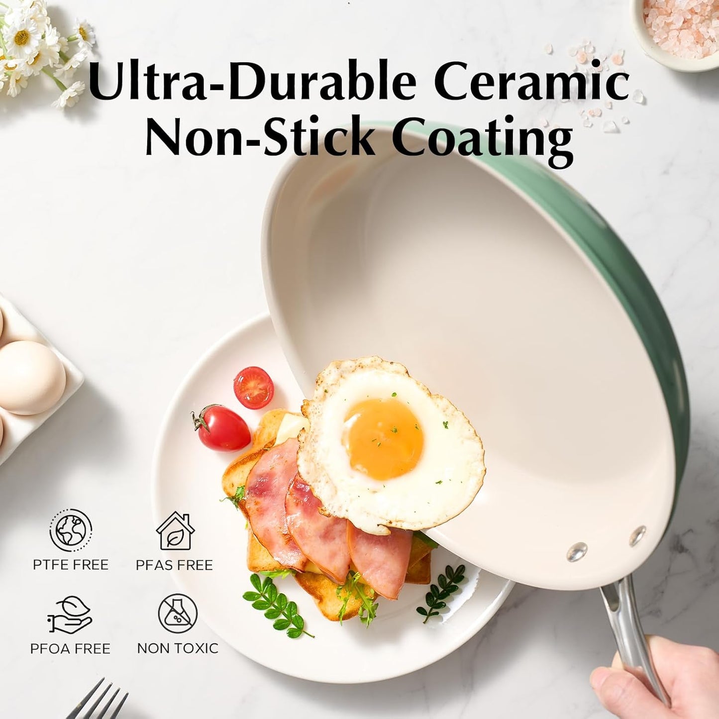 Redchef Non Stick Ceramic Frying Pan Set, Non Toxic Ceramic Pans for Cooking, 8" 9.5" 11" Skillet Set, No PFAS & PTFE & PFOA with Stainless Steel Handle, Dishwasher & Oven Safe Max up to 842°F (Green)