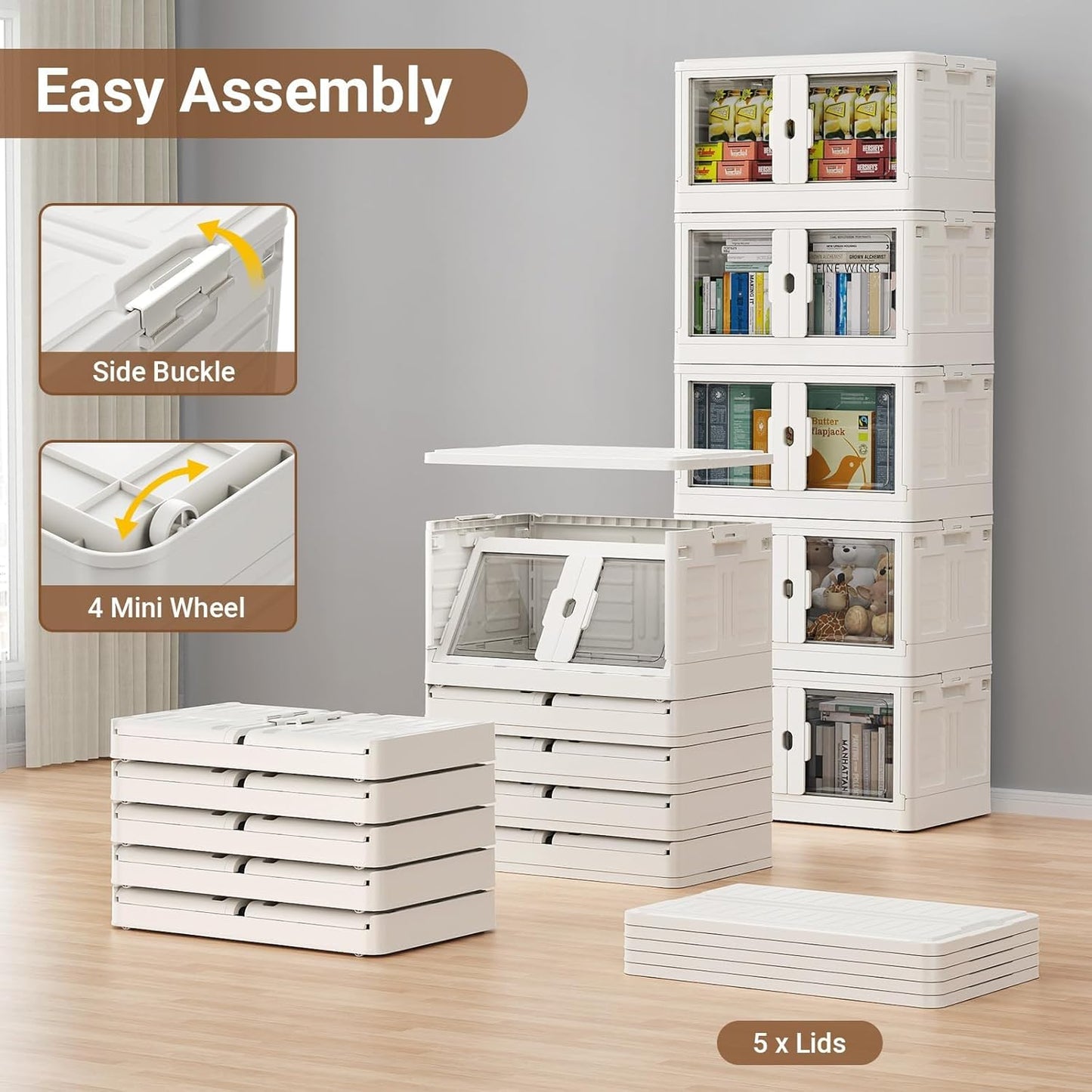 345Qt Stackable Storage Bins with Individual Lids & Wheels, Large Plastic Collapsible Latching Boxes Closet Organizers and Storage Cabinet Shelves Units for Home Kitchen Dorm, 3-Pack White