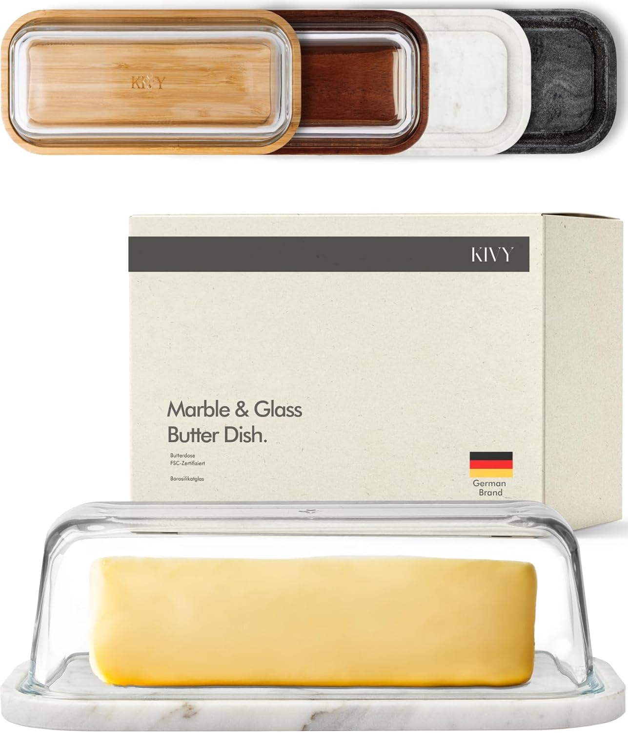 KIVY Butter Dish (White Marble & Glass) - For countertop and refrigerator door shelf - Marble butter keeper - Stone butter dish - Glass butter dish with lid - Dishwasher Safe
