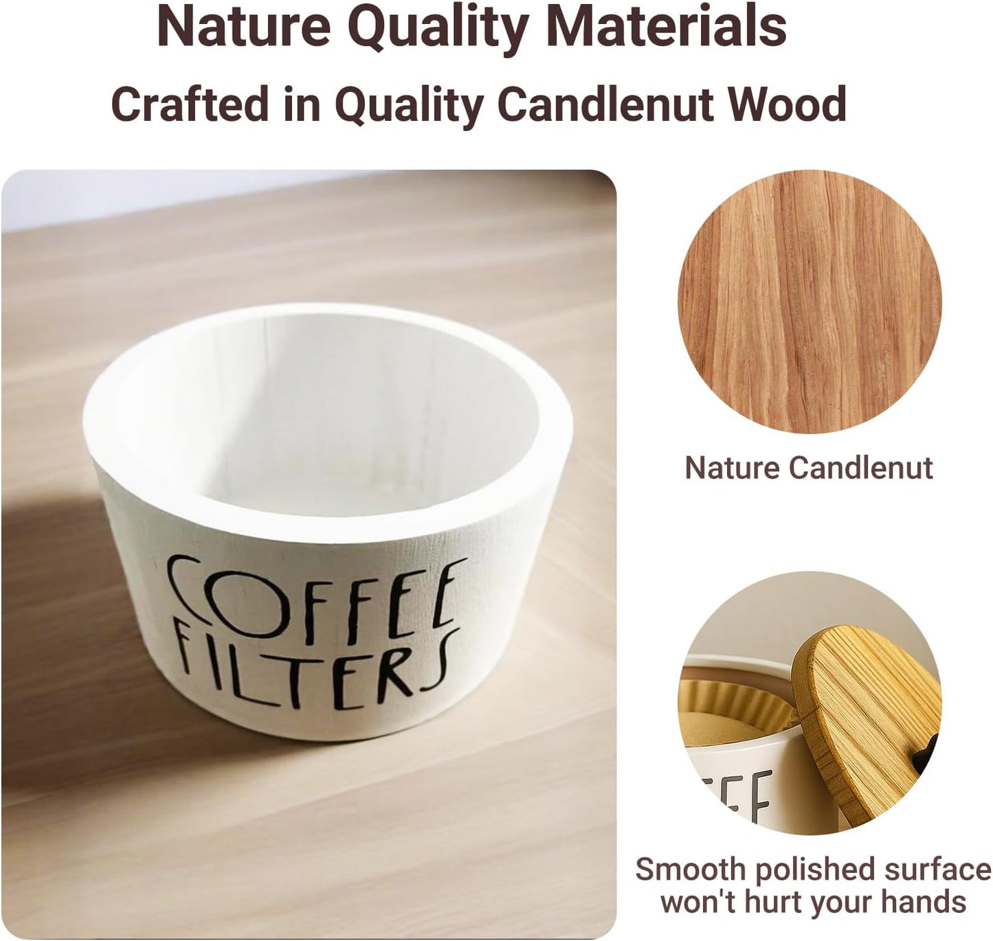 Wooden Coffee Filter Holder With Lid-Rustic Storage Container and Dispenser Basket for Coffee Bar Decor, Farmhouse Accessories(White)