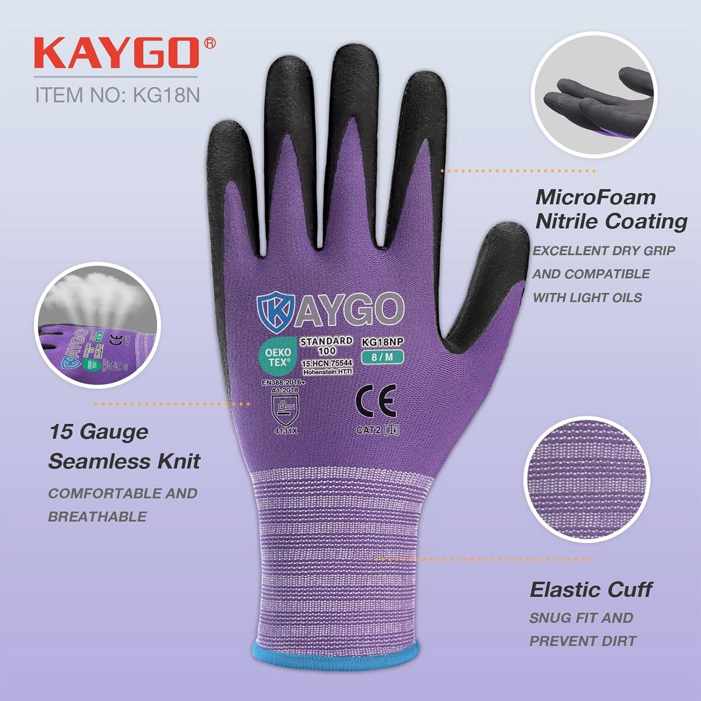 KAYGO Safety Work Gloves MicroFoam Nitrile Coated, 12 Pairs KG18NB,Seamless Knit Nylon Glove for Men and Women, Ideal for Automotive,Warehouse,Construction (S, Purple)