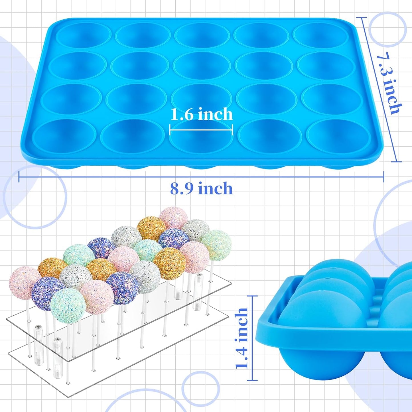 Kucoele Cake Pop Mold Set, Including 21 Hole Clear Acrylic Lollipop Display Stand Holder, 20 Cavity Blue Silicone Cake Pop Mold, Cake Pop Sticks Treats Bags and Twist Ties