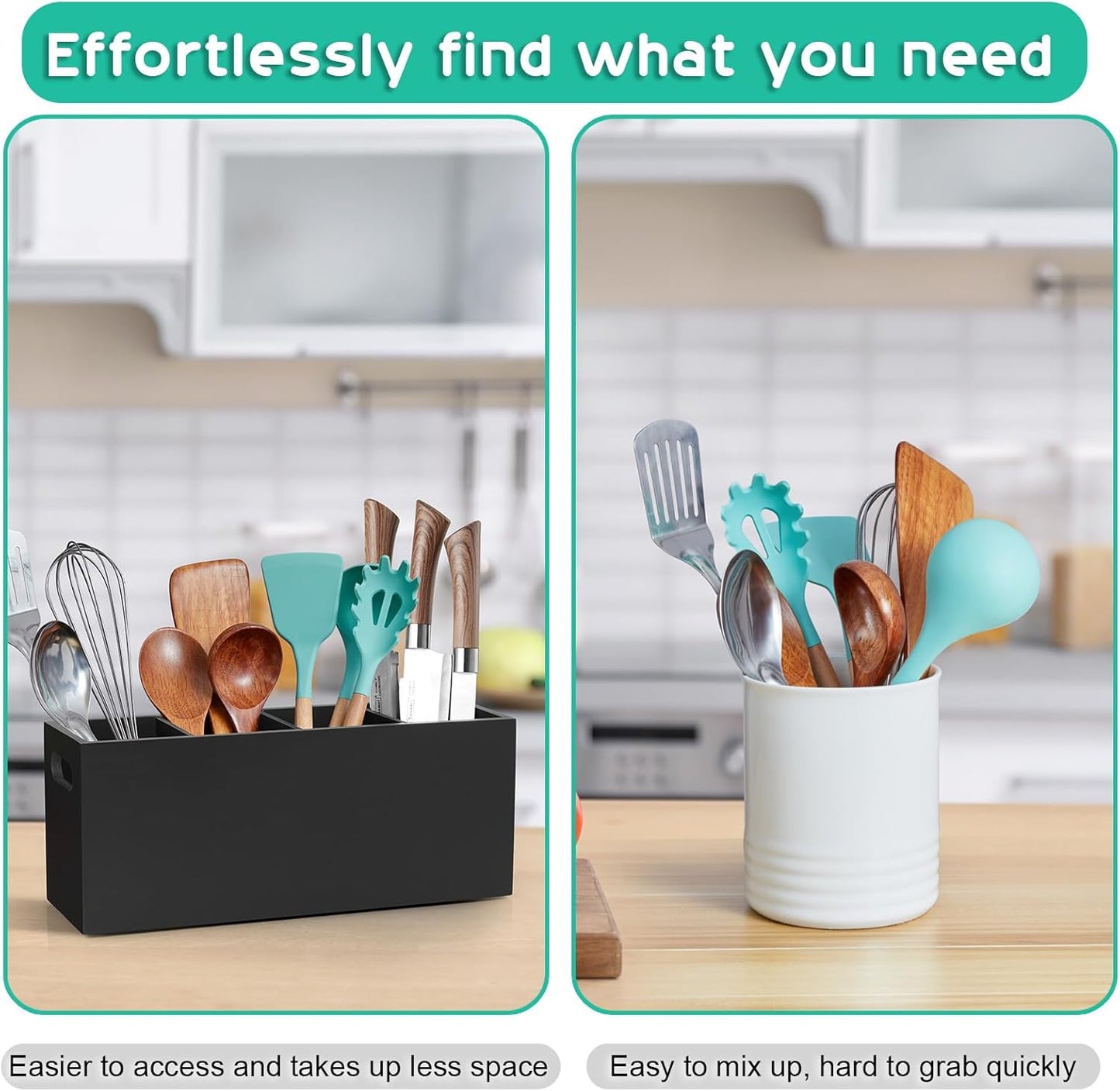 ALELION Large Utensil Holder with Removable Divider - 4 Compartment Wooden Utensil Caddy Organizer for Kitchen Counter - Black Cooking Utensil Crock for Countertop