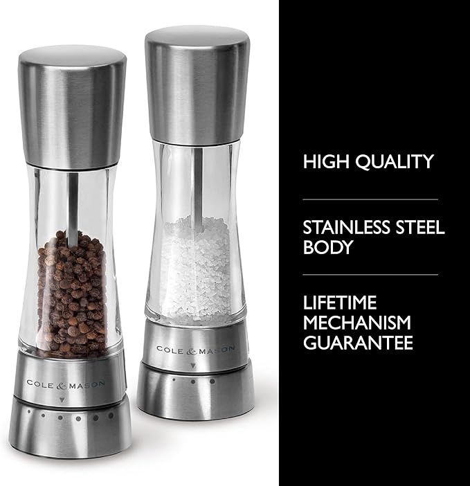 Cole & Mason Derwent Salt and Pepper Grinder Set - Refillable Salt & Pepper Grinder Set with Gourmet Precision Mechanisms - Kitchen Accessories for Cooking - Gift Set, Stainless Steel