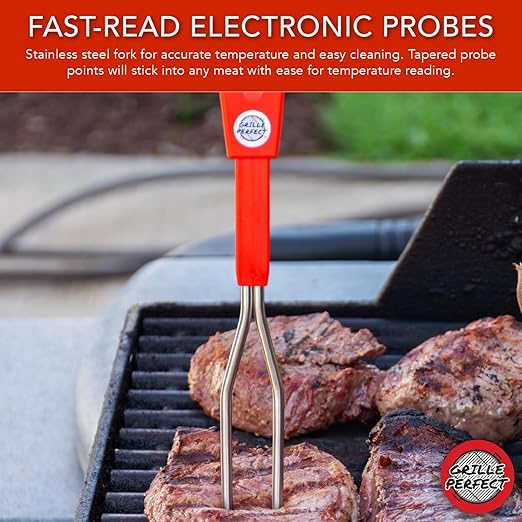 Digital Meat Thermometer Fork for Grilling & BBQ with Ready Alarm, Pro Temp Points for Quick Accurate Temperature on Steak, Pork, Chicken & Hot Grilled Food on Patio or Outside Kitchen