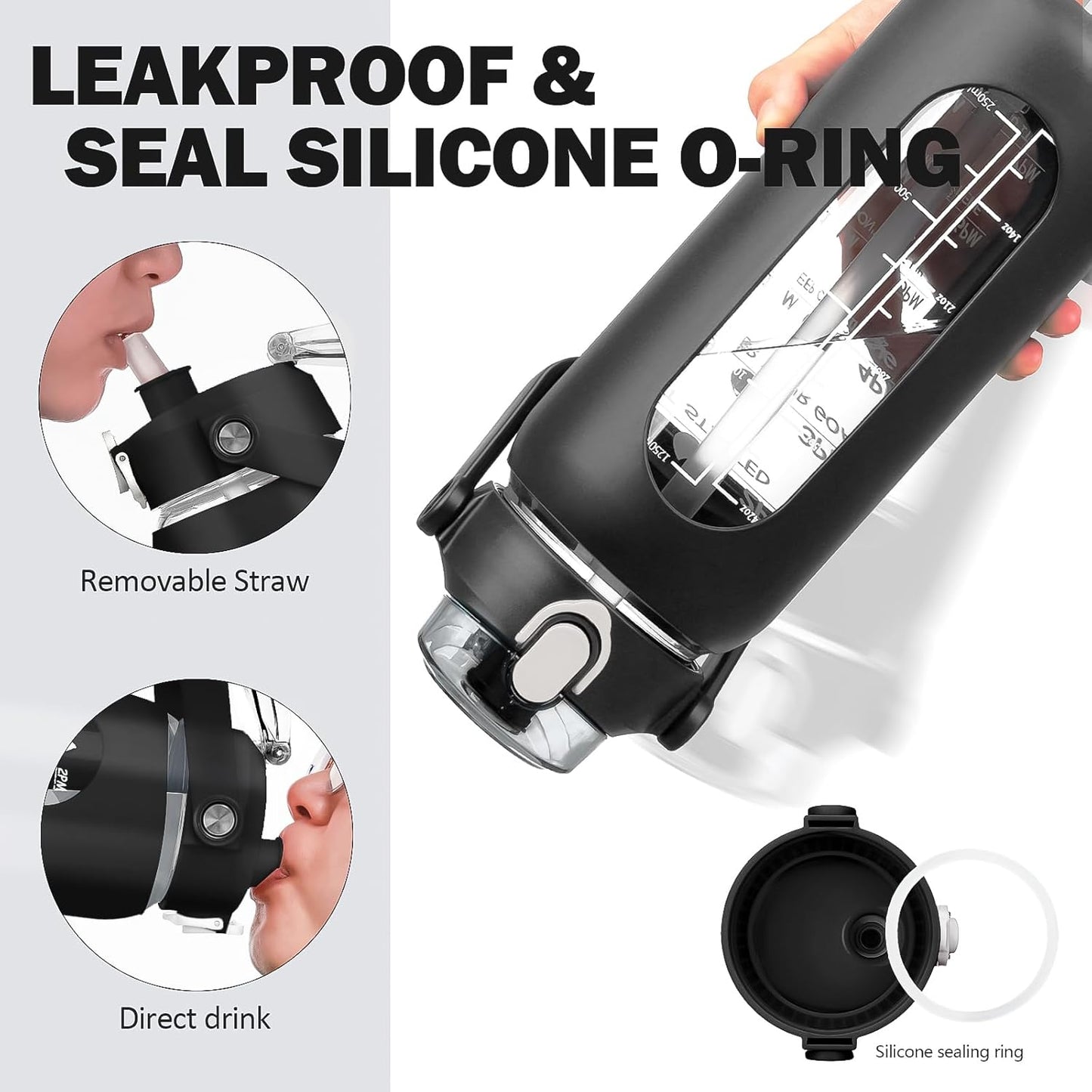 kytffu 56oz Glass Water Bottles with Straw, Motivational Glass Bottle with Silicone Sleeve and Time Marker, Leakproof Large Glass Water Jug for Gym Home Office, Black.