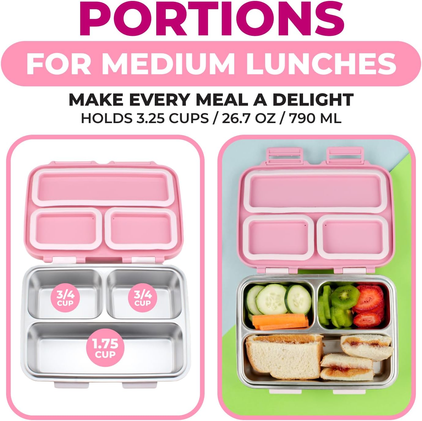 Stainless Steel Bento Box Lunch Container for Kids Adults with Removable Tray, Leakproof Silicone Seals, BPA Free 26 oz/790 mL (Pink)