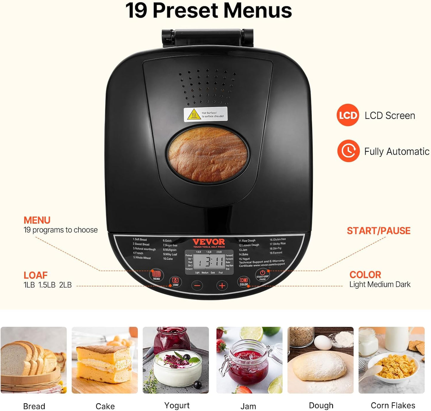VEVOR Bread Maker, 19-in-1 2LB Dough Machine, Nonstick Ceramic Pan Automatic Breadmaker with Gluten Free Setting, Whole Wheat Bread Making, Digital, Programmable, 3 Loaf Sizes, 3 Crust Colors