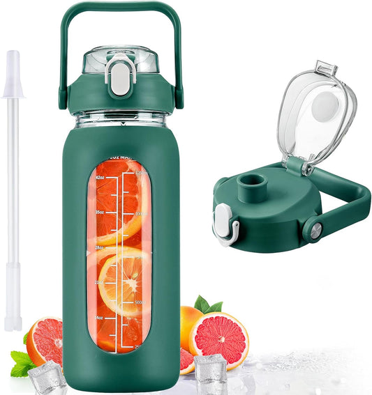 kytffu 56oz Glass Water Bottles with Straw, Motivational Glass Bottle with Silicone Sleeve and Time Marker, Leakproof Large Glass Water Jug for Gym Home Office,Ink green