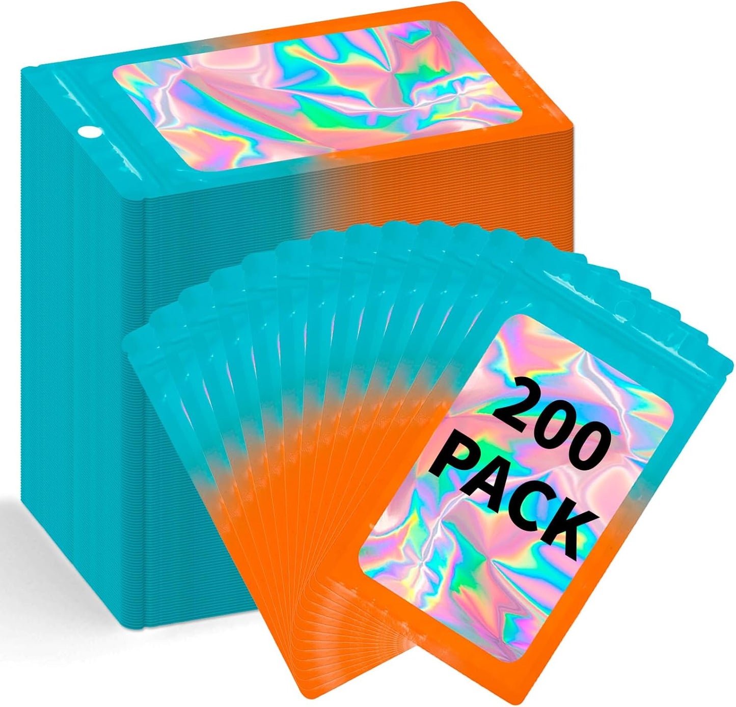 200 Pack Resealable Mylar Holographic Bags Food Storage Smell Proof Bags with Front Window Foil Packaging Pouch for Candy Sample Jewelry Small Business 3.54×6.29 Inch, Blue Fade Orange