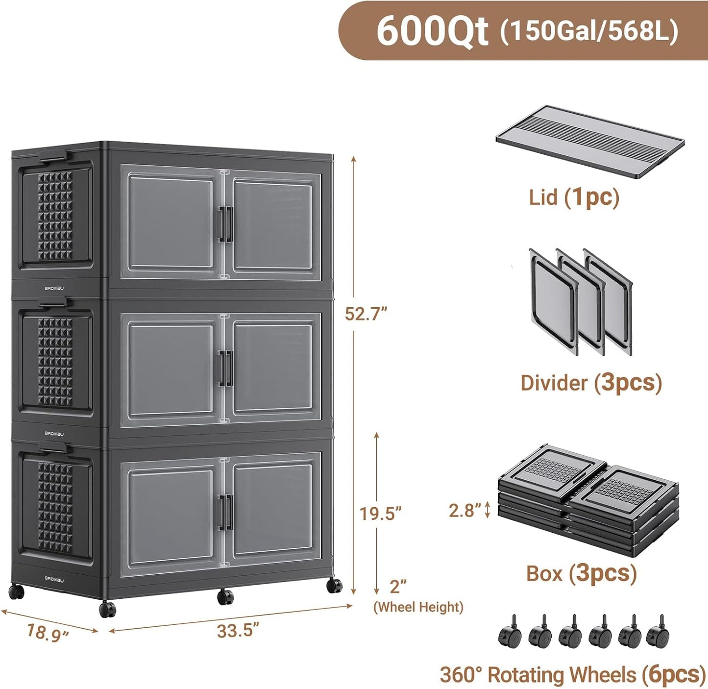 52.7"H 150Gal Plastic Storage Bins with Lid & Wheels,3Pack Extra Large Stackable Storage Bins with Dividers,Closet Organizers and Storage Cabinet Shelves Collapsible Box for Home Kitchen,Black