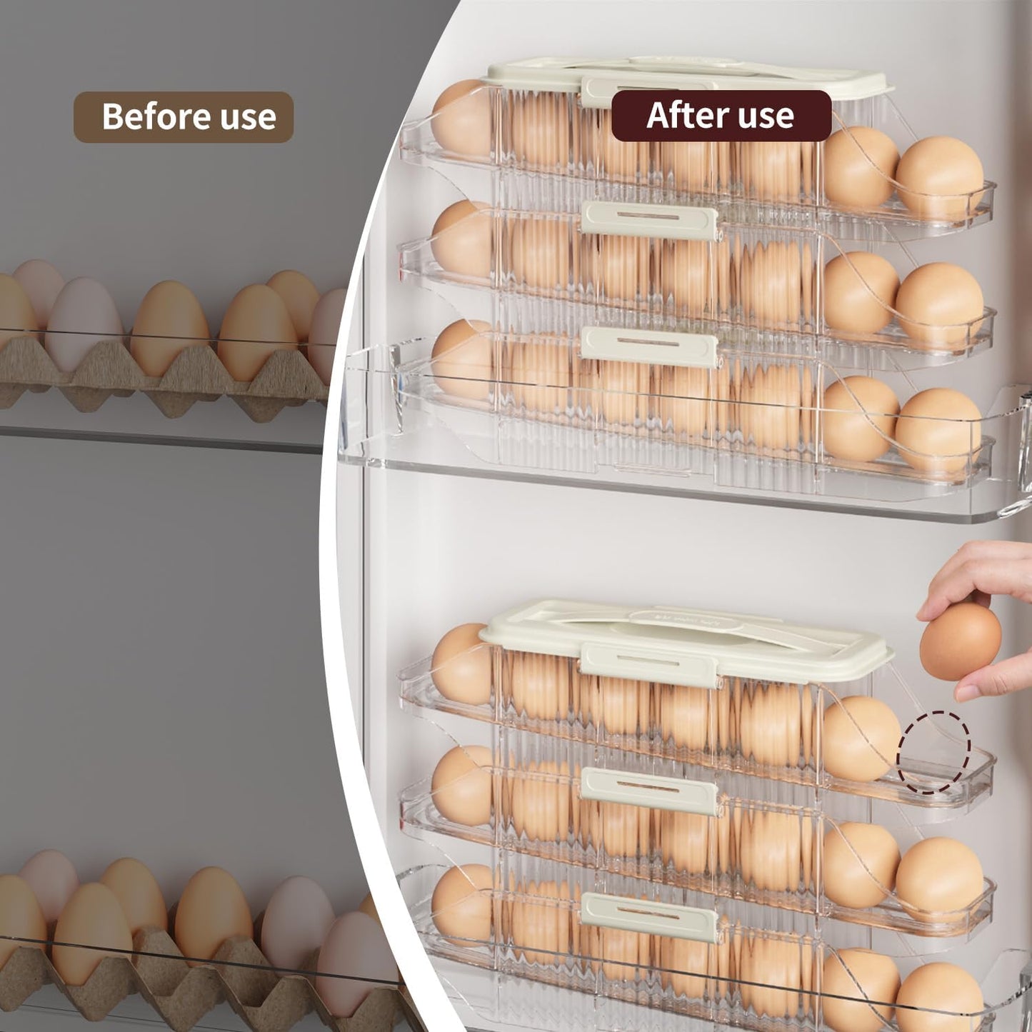 Automatic Rolling Egg Holder for Fridge, Clear Plastic Egg Organizer with Handle for Refrigerator, Egg Container for Kitchen Storage, 1 Row 2 layers