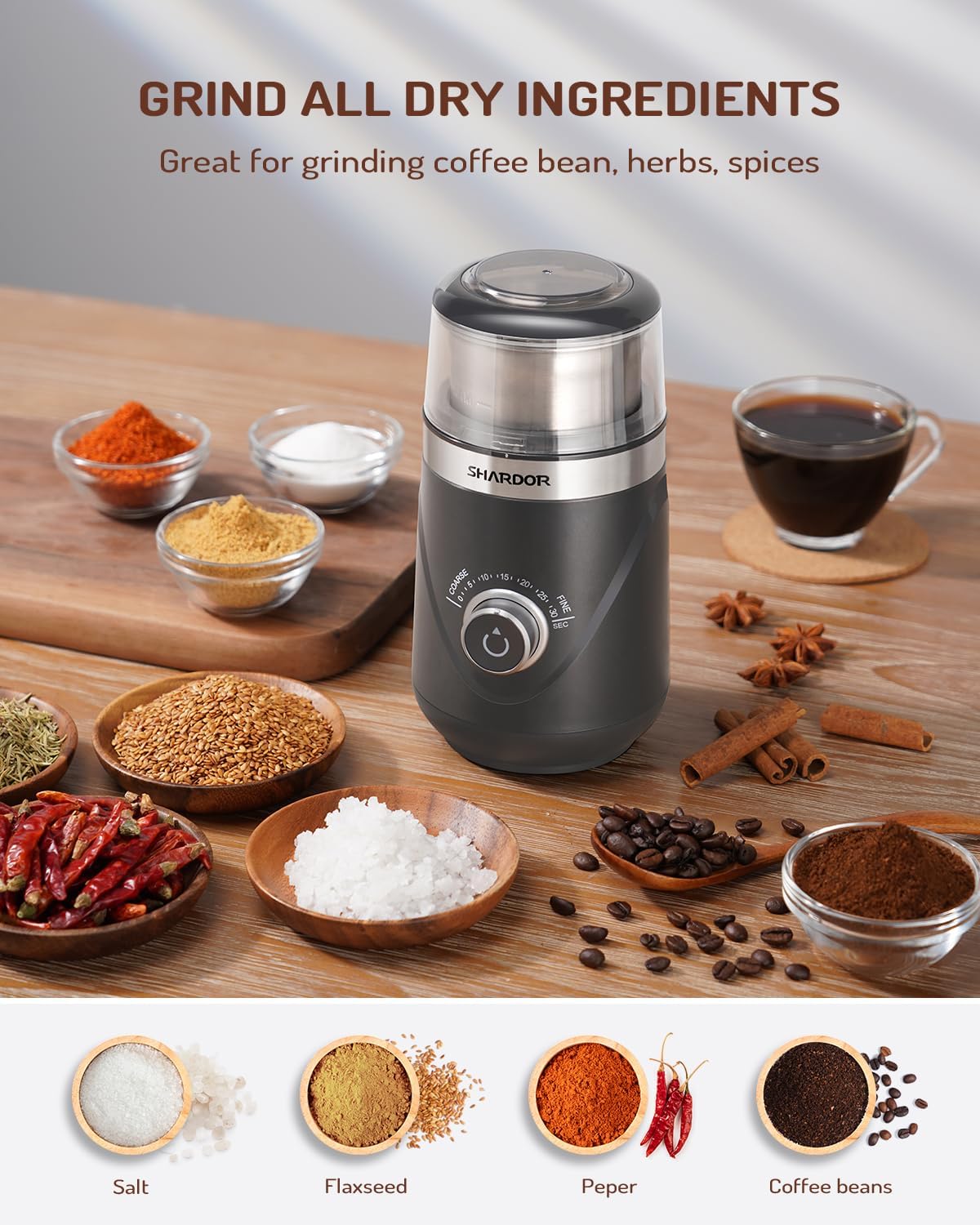 SHARDOR Electric Super Silent Blade Coffee Grinder, Timed Grind Control Rotary Knob, Adjustable Coarse to Fine for Coffee Beans, Spices & Herbs, with 1 Removable Stainless Steel Bowl,Light Gray