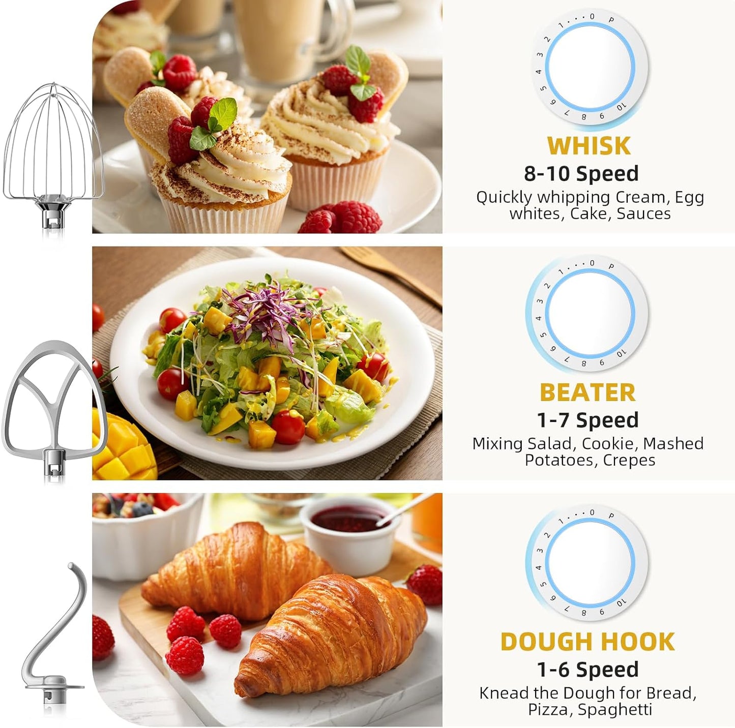 Stand Mixer, 6QT 10+P Speed Tilt-Head Kitchen Electric Mixer, Food Mixer with Stainless Steel Bowl, Dough Hook, Flat Beater, Wire Whisk, Splash Guard-Blue