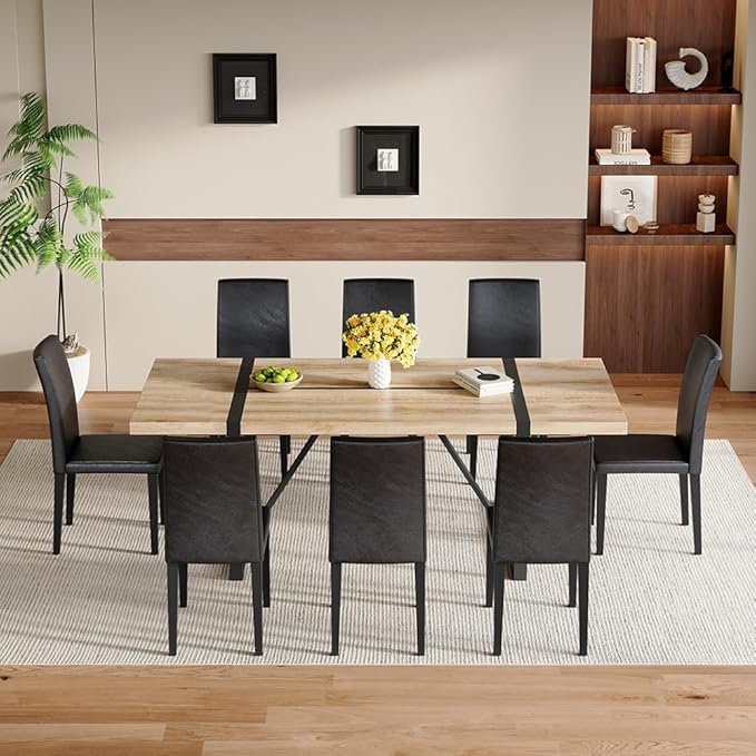 86.6" Dining Table Set for 8, Modern 9 Piece Wood Kitchen Table and Chairs Set, Rectangle Dining Room Table with 8 PU Leather Upholstered Chairs, Ideal for Home, Kitchen, or Apartment Dining