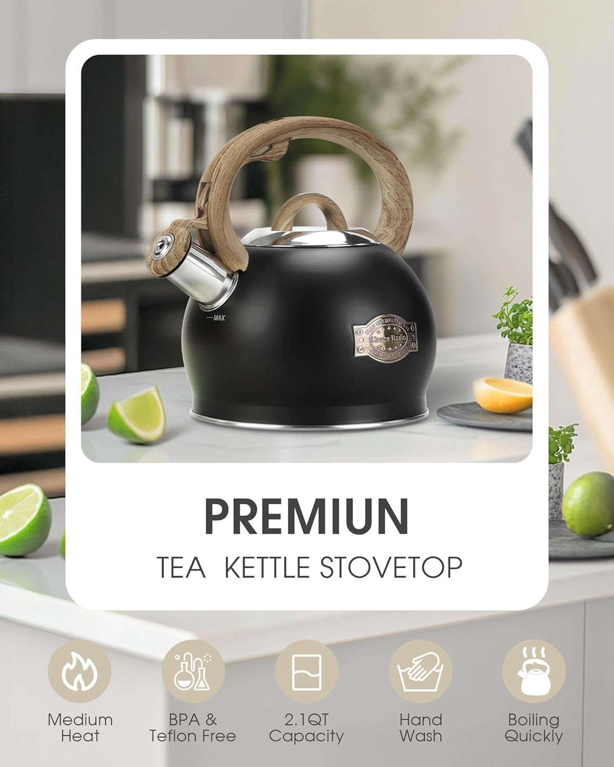 Tea Kettle Stovetop, Black Tea Kettles-2.1 Quart Loud Whistle Stovetop Teapot,Food Grade Stainless Steel with Wood Pattern Handle, Unique Button Control Kettle Outlet for Tea, Coffee