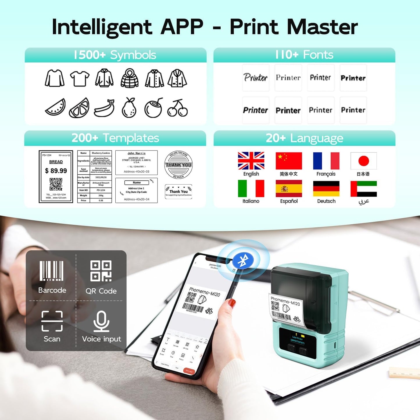 Phomemo M120 Label Maker Machine with Tape, 2 Inch Bluetooth Label Printer for Small Bussiness, Office, Home, School, Barcode Label Maker with Versatile App with 1000+Icons and 100 Fonts, Green