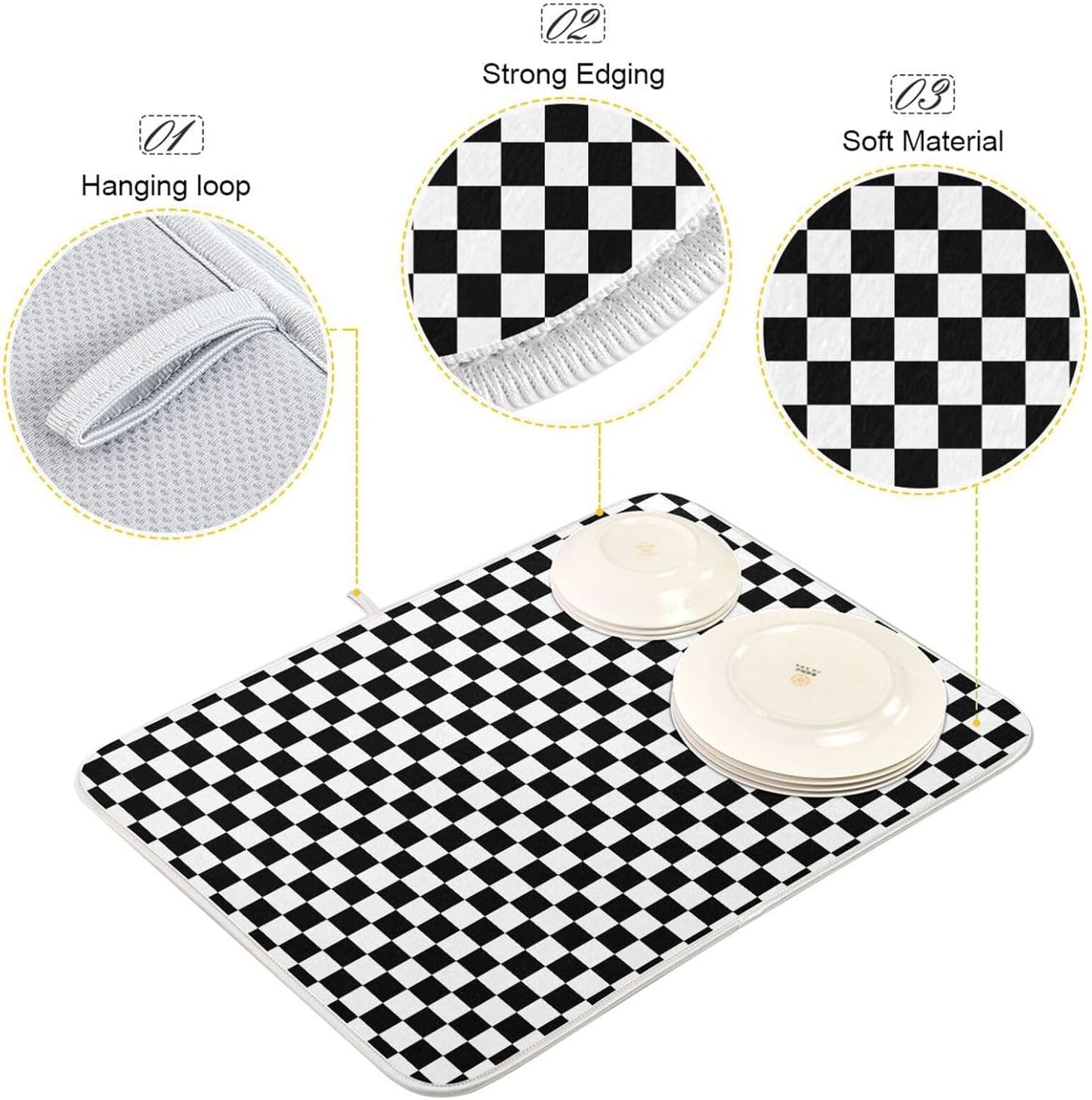 Black White Checkered Pattern Dish Drying Mat for Kitchen Counter Absorbent Microfiber Drying Pad, Medium 16x18 in, Reversible Drainer Mats