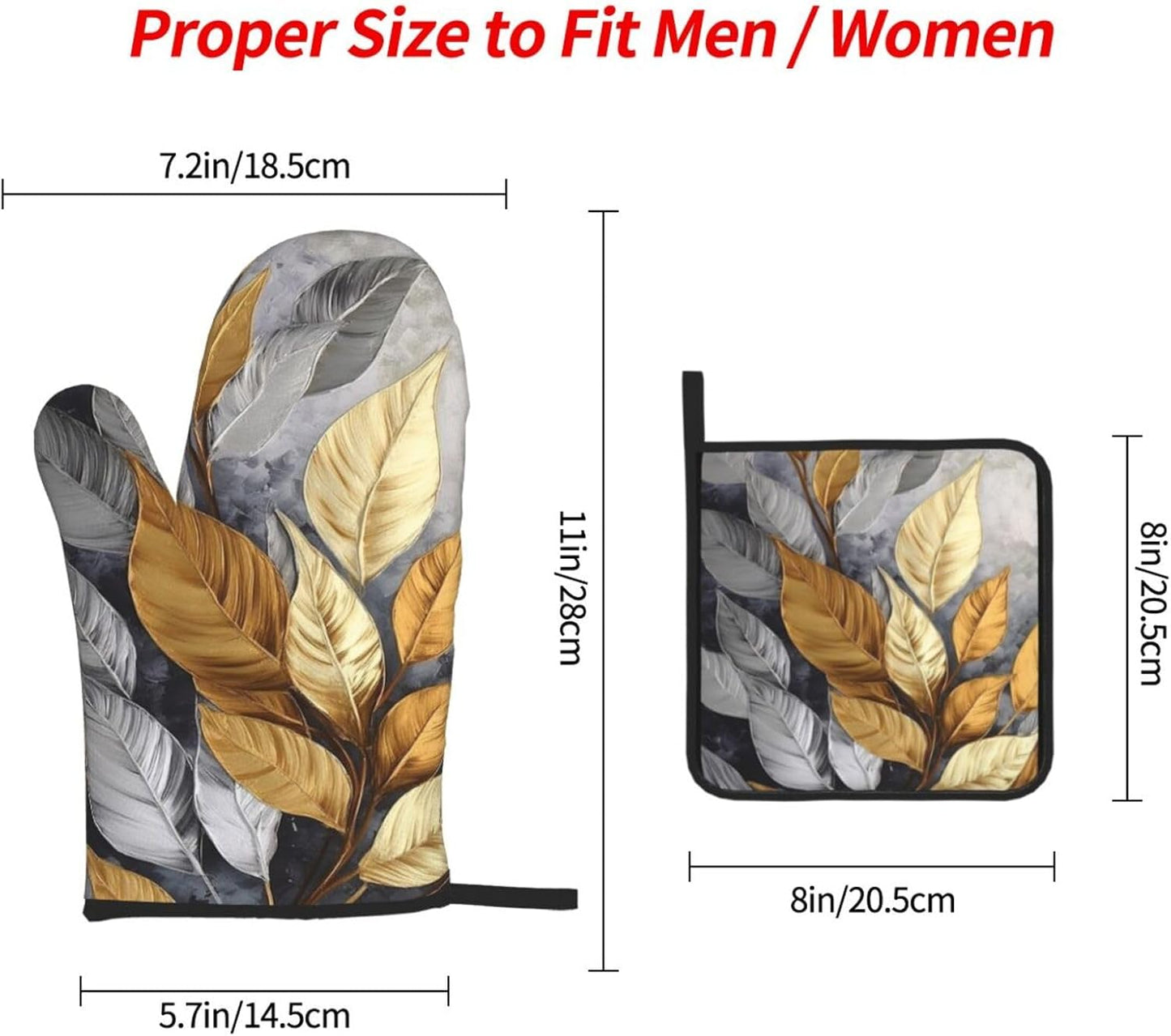 Gold Silver Tropical Leaves Oven Mitts and Pot Holders Sets of 3 Modern Hot Pads Heat Resistant Non Slip Washable for Cooking Grilling Baking BBQ Kitchen Decor